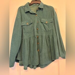 SHEIN Teal Green Ribbed Corduroy Button-Up Shirt